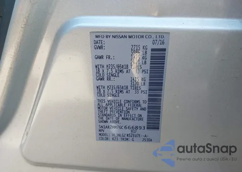 2016 Nissan Pathfinder Sl из США, поврежденный, VIN 5N1AR2MM7GC666893
